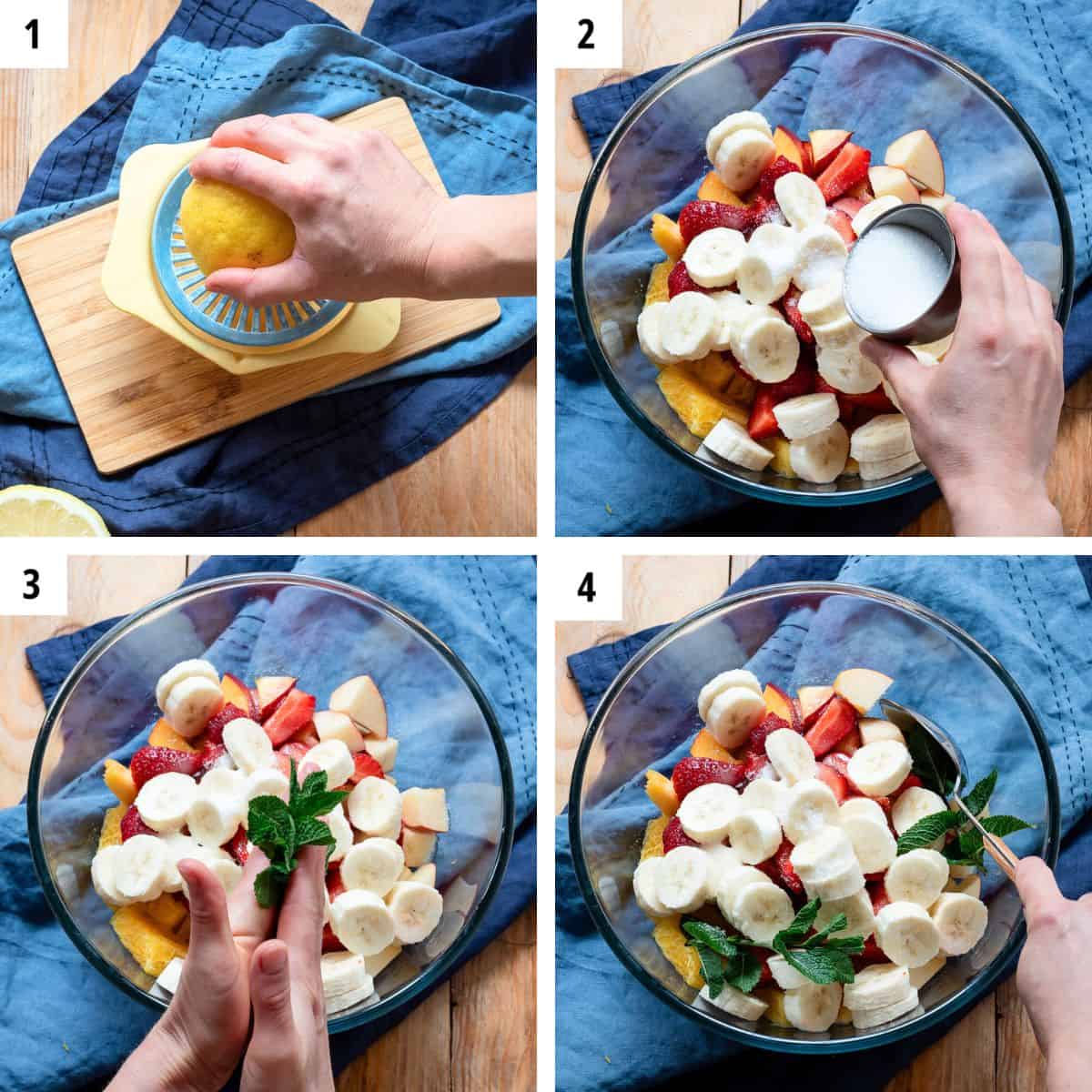 Steps of the process showing to assemble fruit salad.