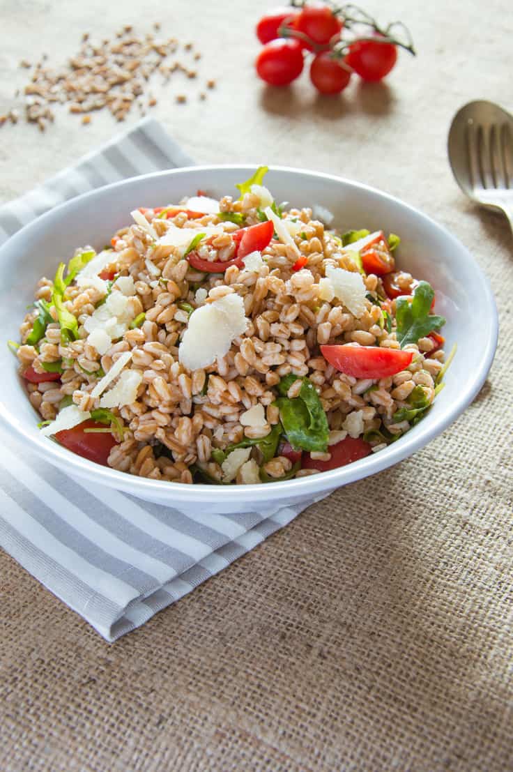 Farro Salad with Arugula, Cherry Tomatoes & Shaved Parmesan Flakes ...