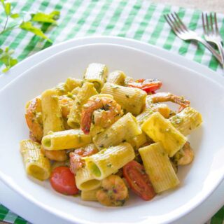 Rigatoni Pasta with Garlic Butter Shrimp & Sweet Pea Cream Sauce Recipe