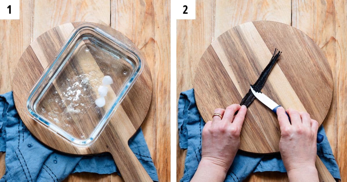 Soaking gelatin sheets in ice water and scraping seeds from the vanilla bean.