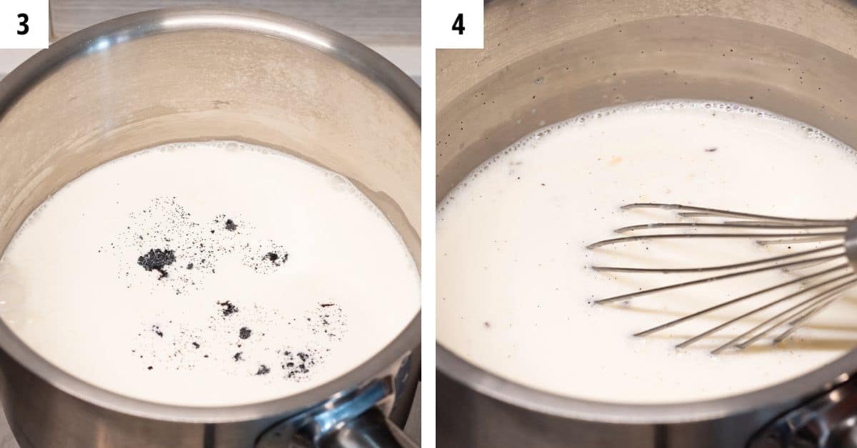 Warming cream and milk on a stove top.