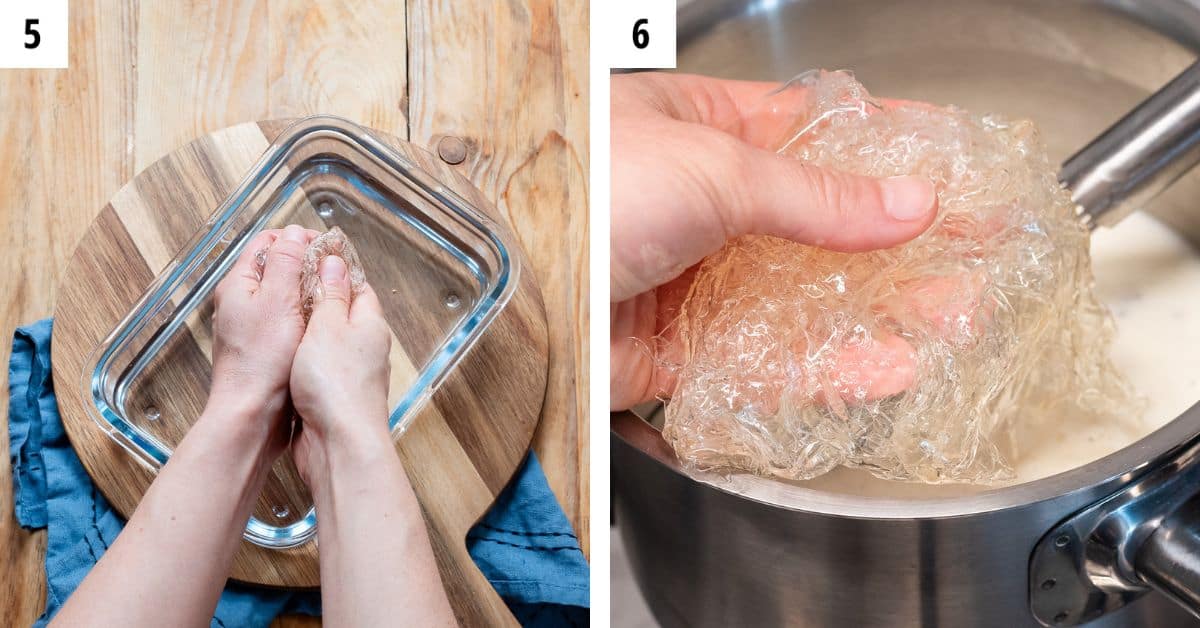 Squeezing gelatin sheets from excess water and adding to the pot with cream.