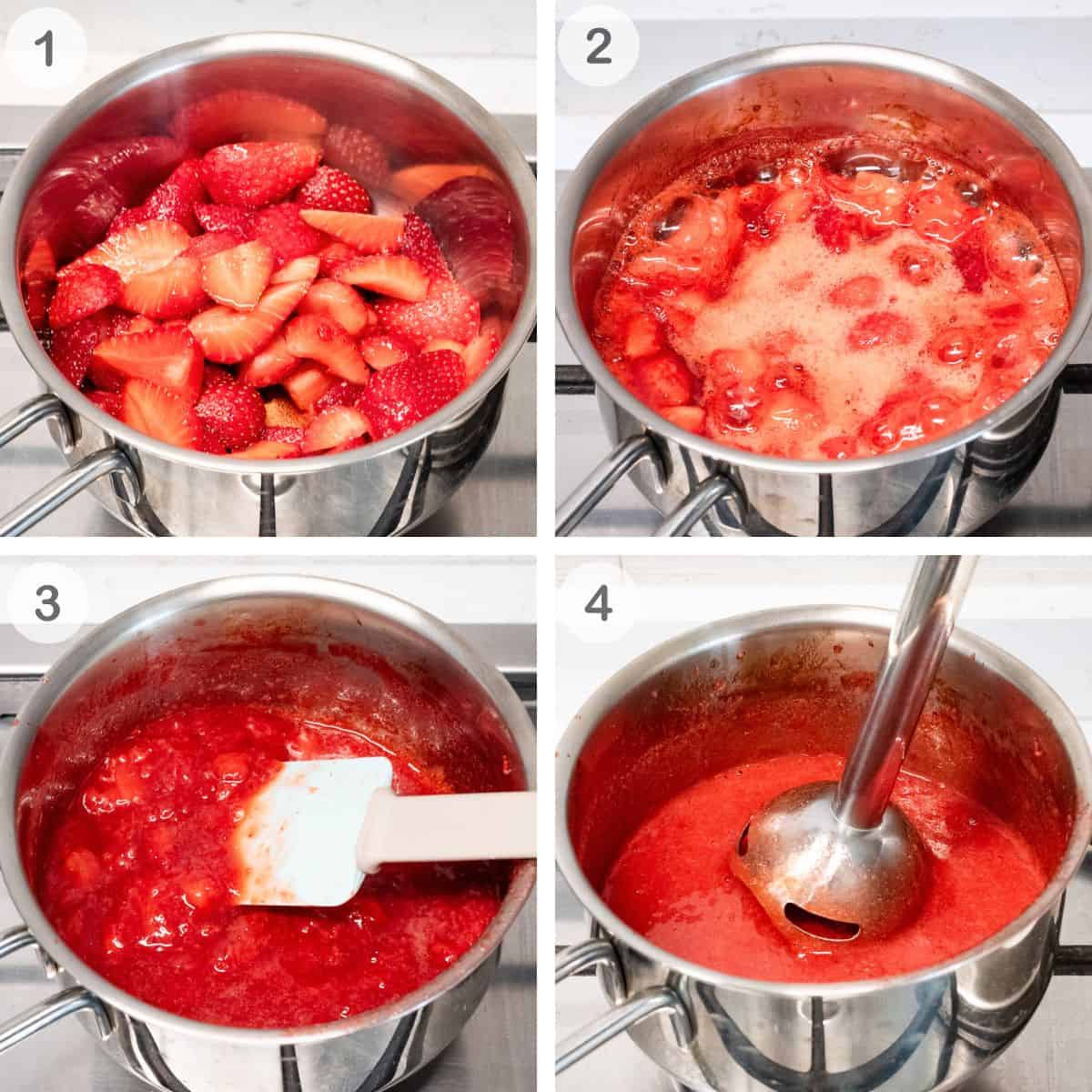 Cooking strawberry sauce for panna cotta.