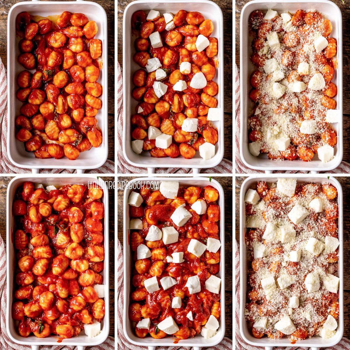 Assembling Gnocchi Alla Sorrentina in a baking dish.