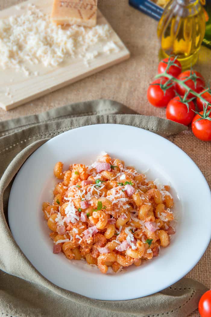 Cellentani With Bacon And Ricotta Tomato Sauce {Recipe}