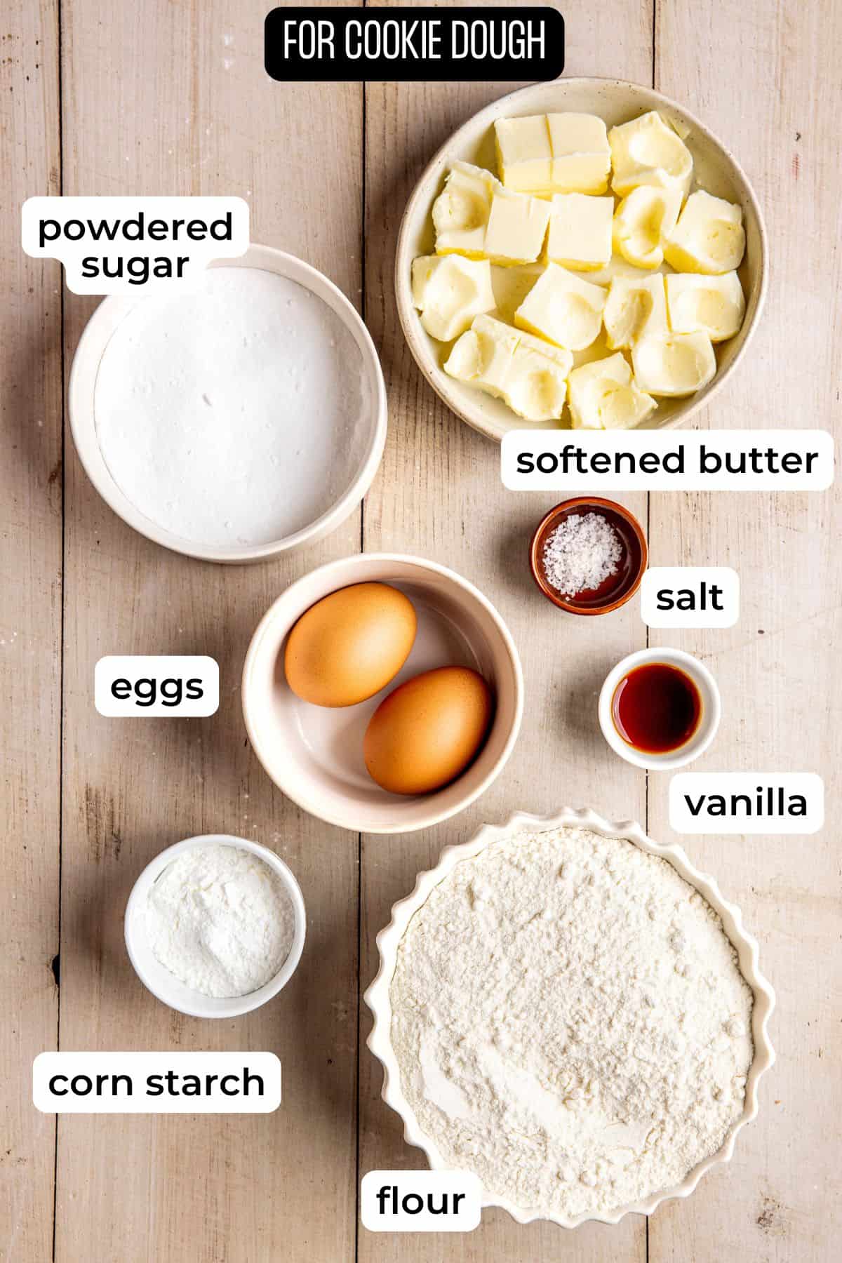 Ingredients needed to make italian butter cookies dough.