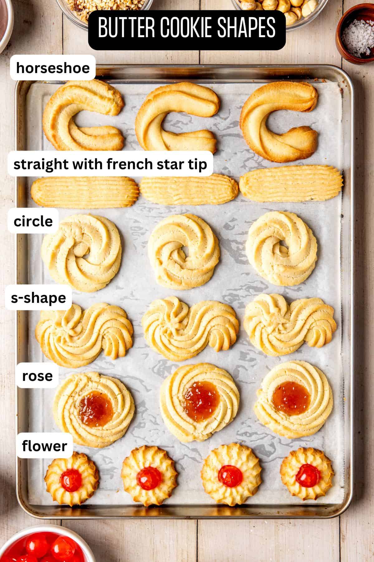 Assorted shapes of butter cookies.