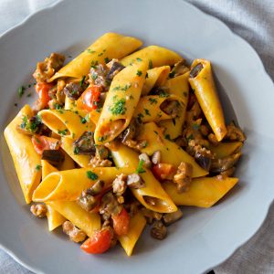 Candele Pasta with Eggplant, Bell Pepper & Olives {Recipe}