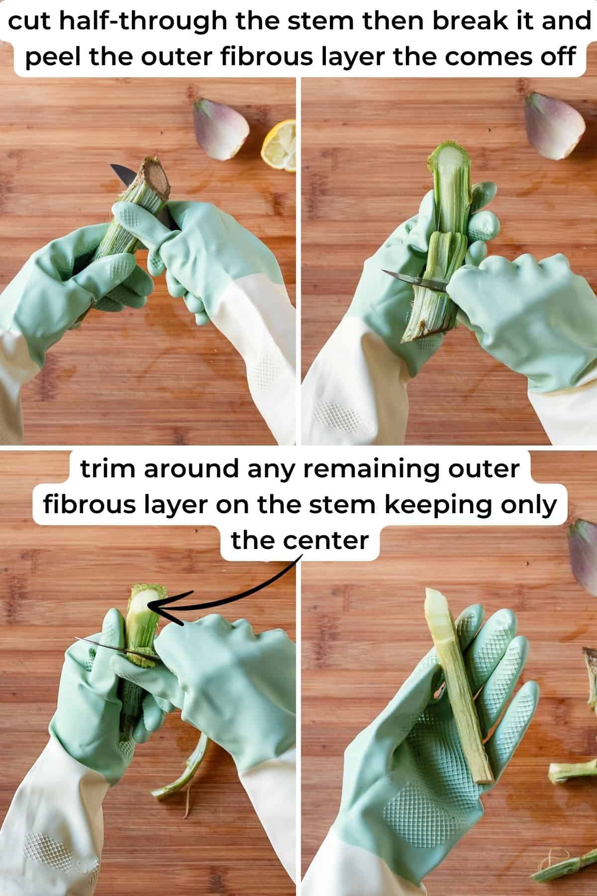 Cleaning artichoke stem.