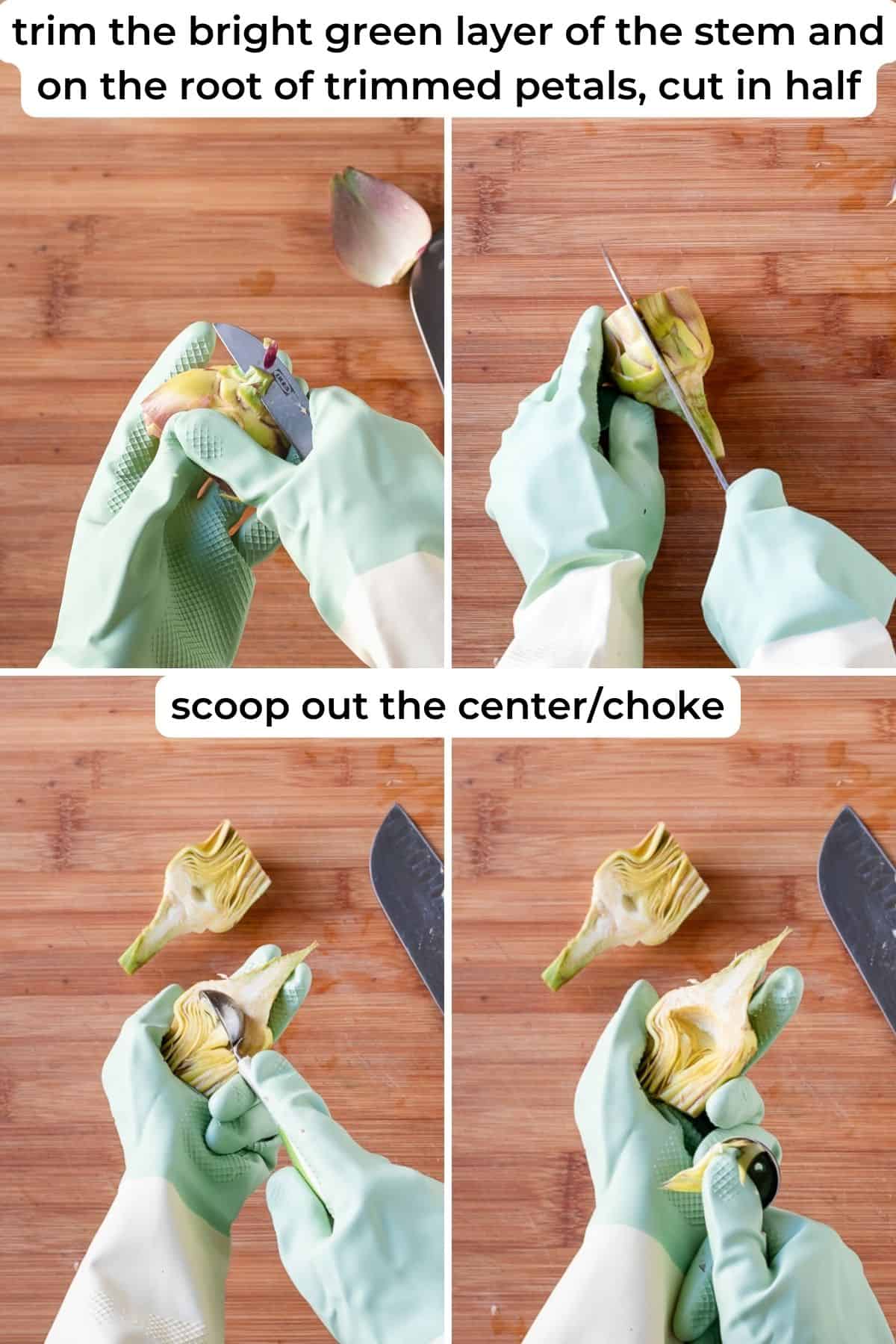 Removing the hairy choke of the artichoke with a small spoon.