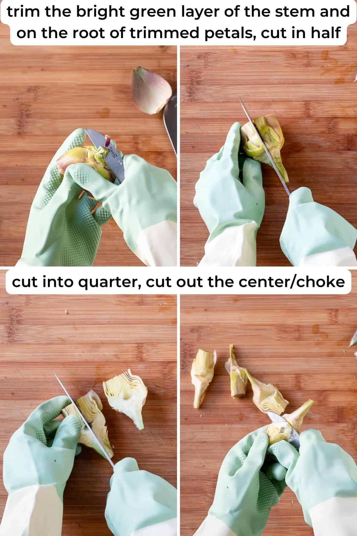 Removing the hairy choke of the artichoke with a knife.