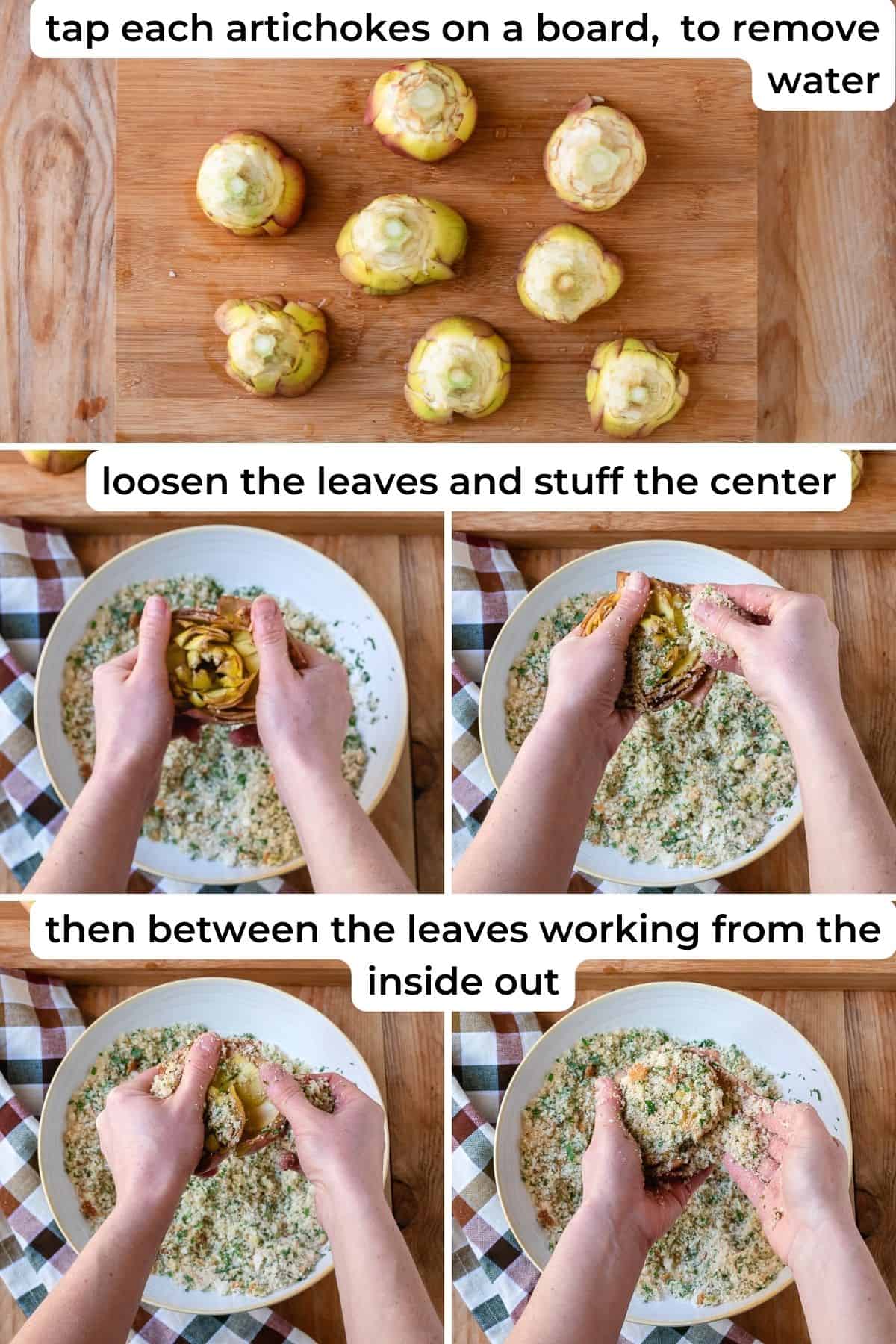 Stuffing an artichoke with breadcrumb mix.