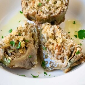 Italian Stuffed Artichokes, close up view.