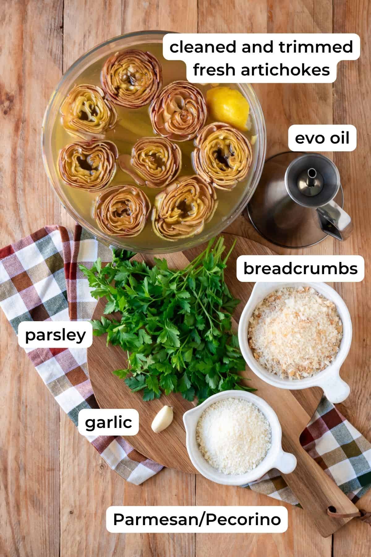 Ingredients needed to make Italian Stuffed Artichokes.