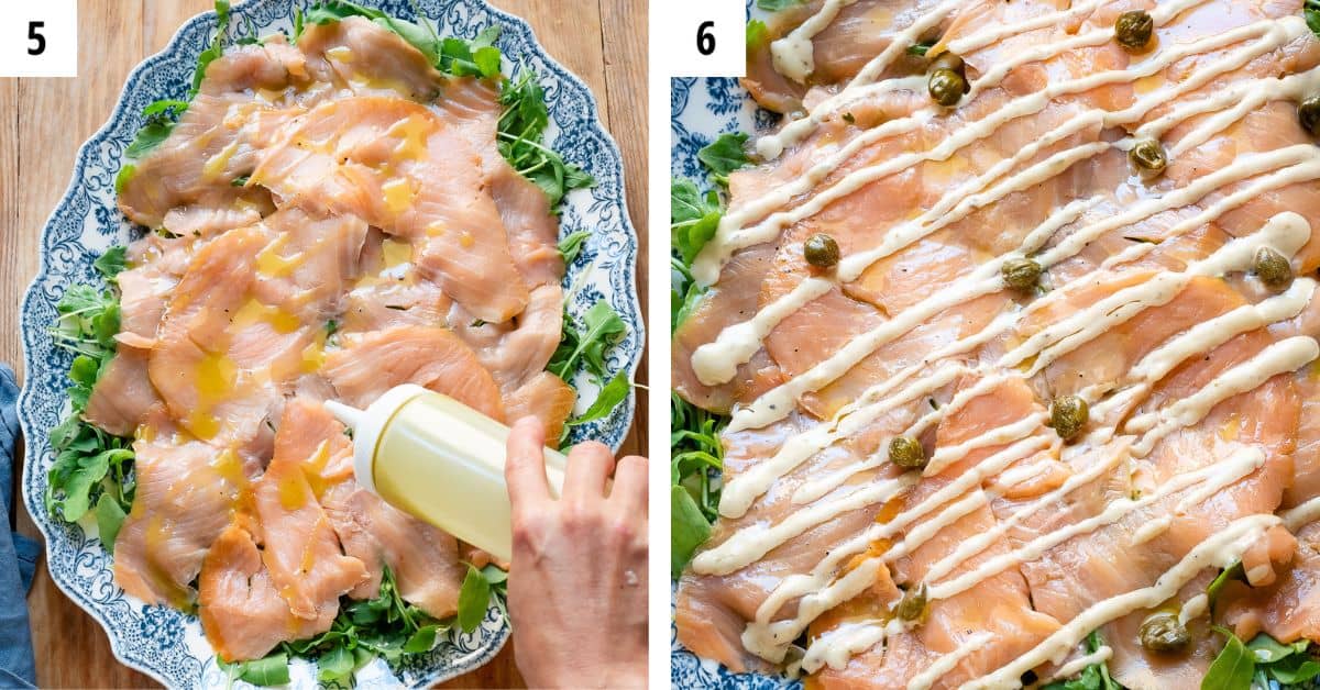 Arranging salmon carpaccio on a plate and dressing.