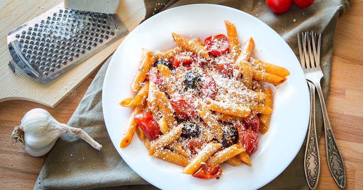 Penne Pasta with Roasted Cherry Tomatoes & Black Olives - Italian Recipe  Book