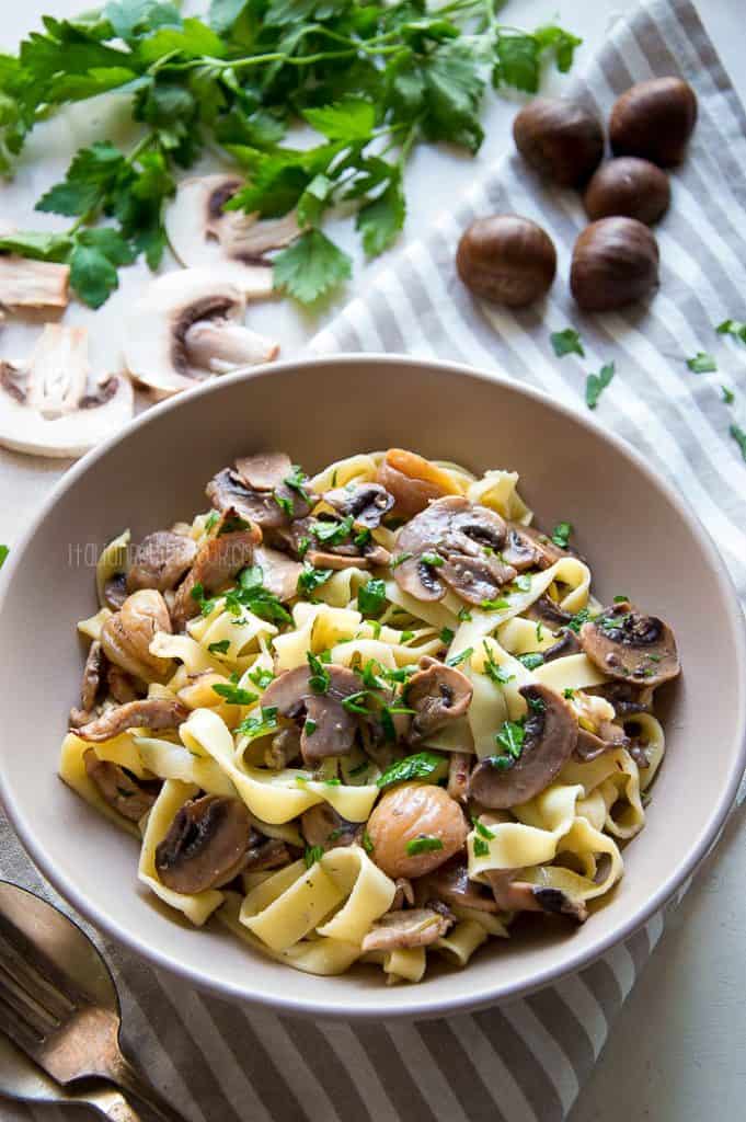 Tagliatelle with Sauteed Mushrooms, Roasted Meat & Chestnuts - Italian