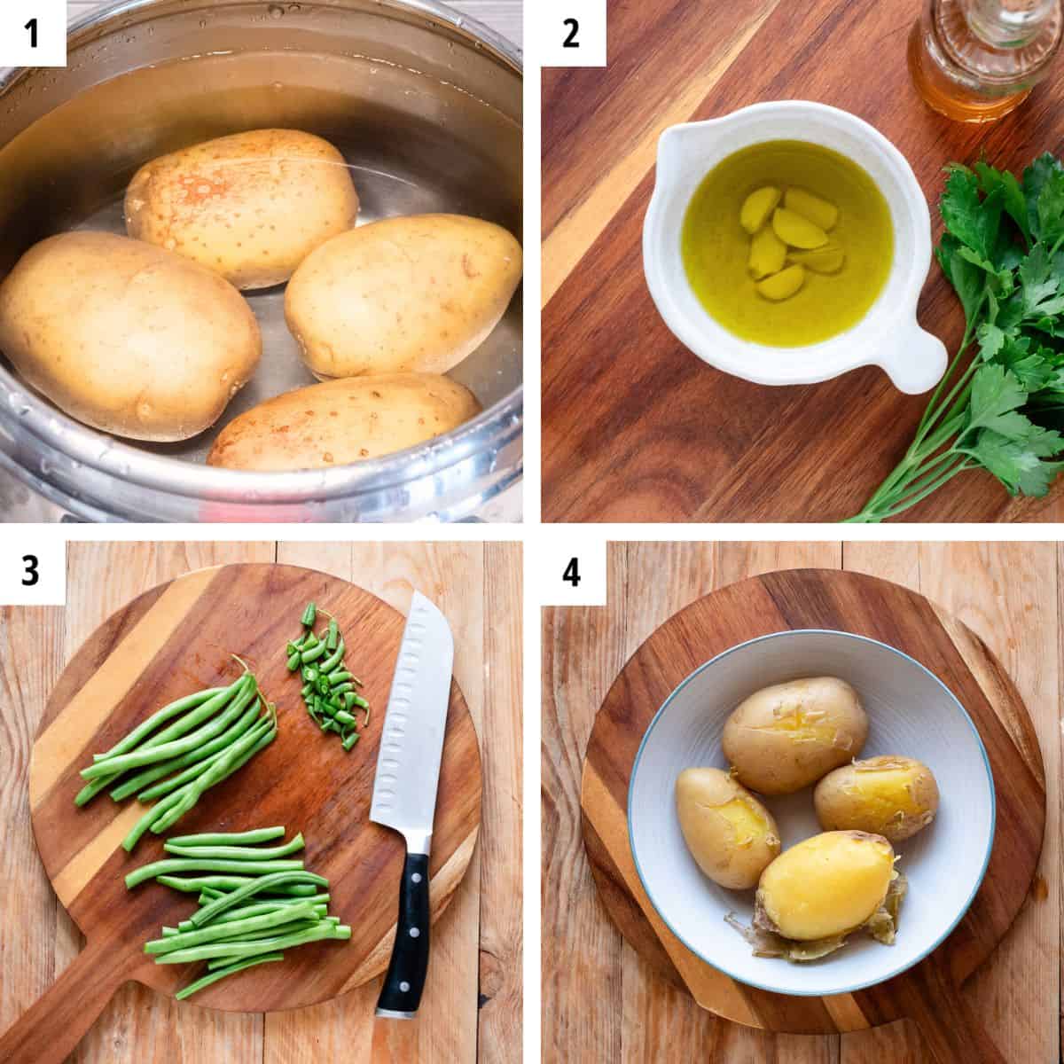 Preparing potatoes and green beans, steps 1-4.