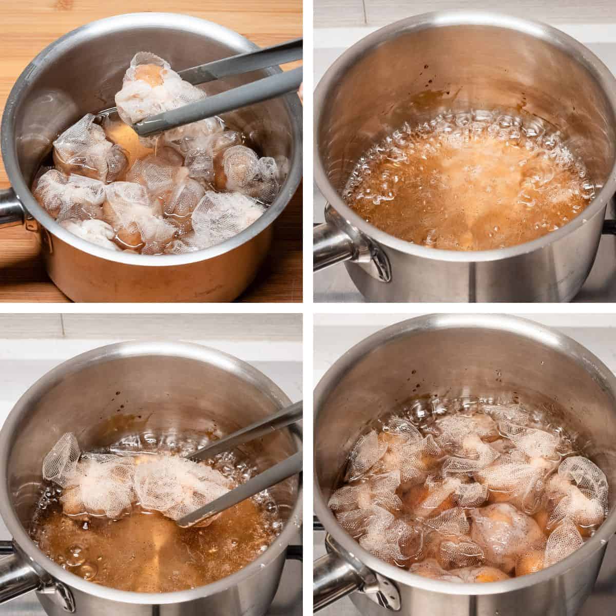 Candying chestnuts in sugar syrup.