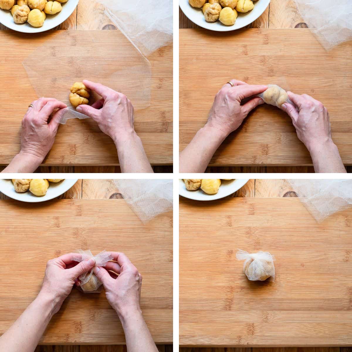 Wrapping chestnuts into bundles.