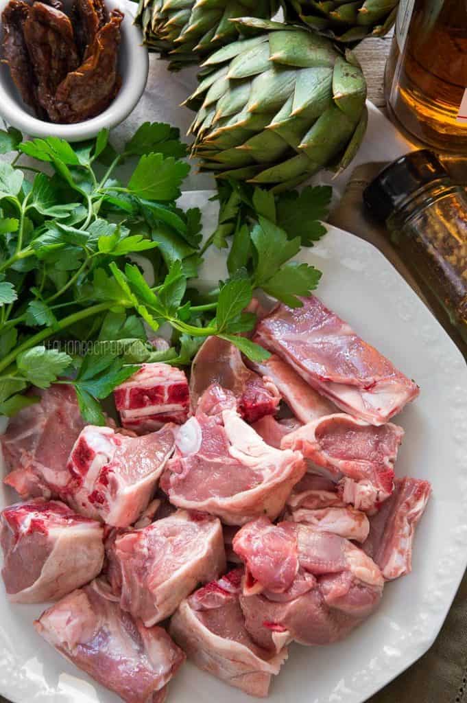 Ingredients needed to make Lamb and artichoke stew.