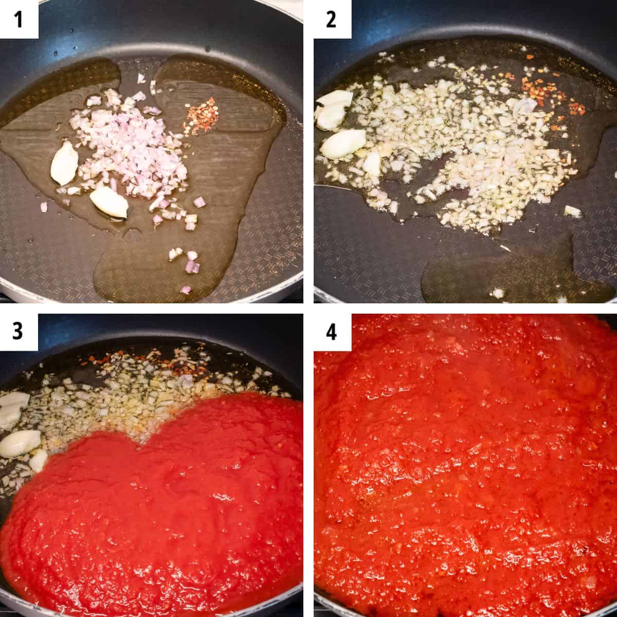 Preparing tomato sauce for green beans.