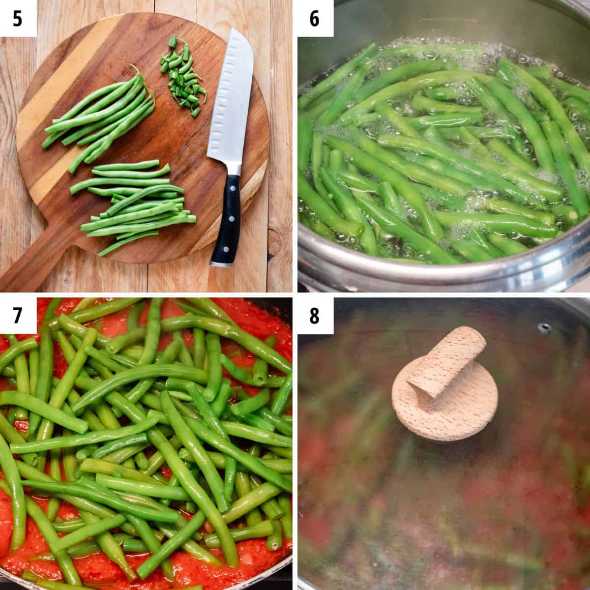 Preparing green beans and cooking them in tomato sauce.