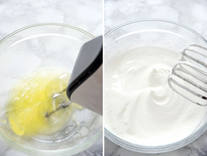 Beating egg whites with a stand mixer.