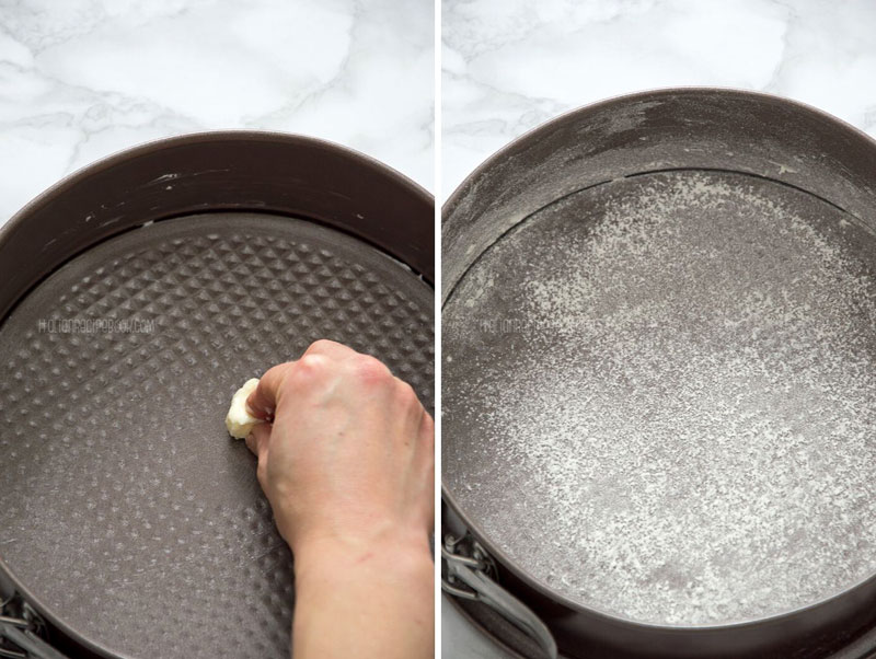 Greasing spring form pan with butter and dusting with flour.