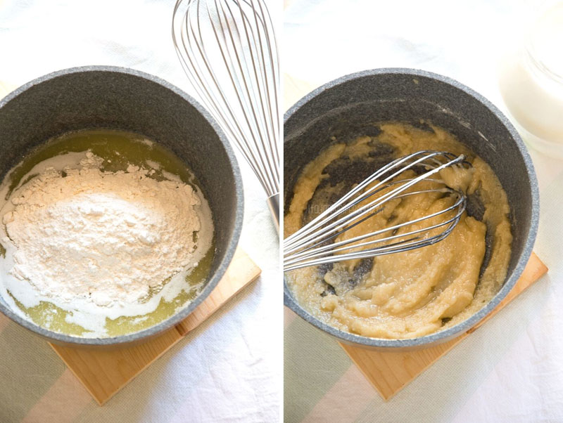 Process of making bechamel sauce - step 2 - adding flour and cooking roux