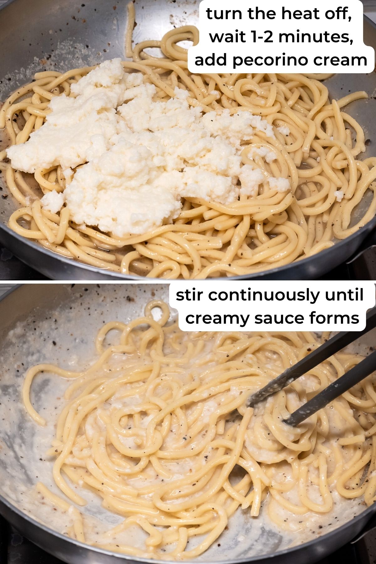 Preparing cacio e pepe cream sauce.