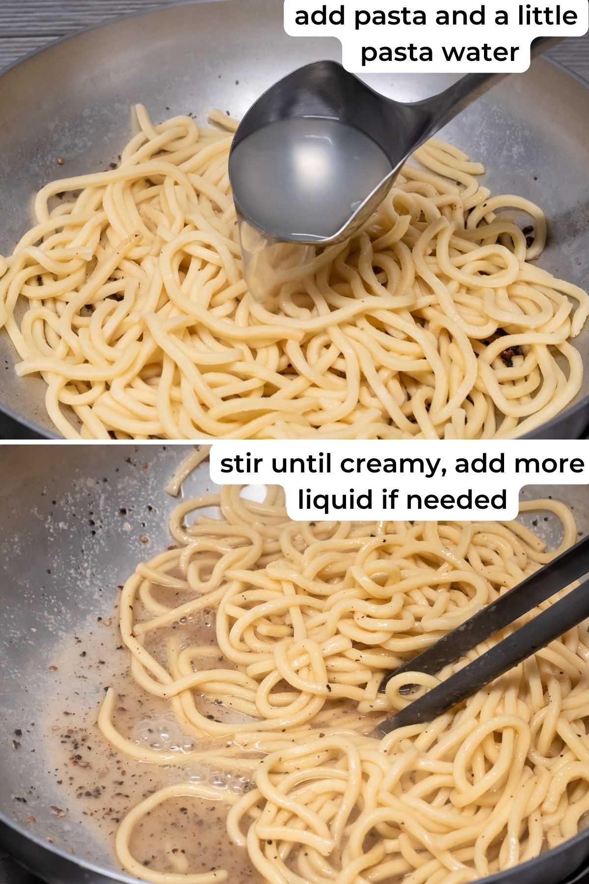 Tossing pasta in a pan with peppercorns.