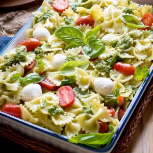 Pasta Caprese on a serving dish.