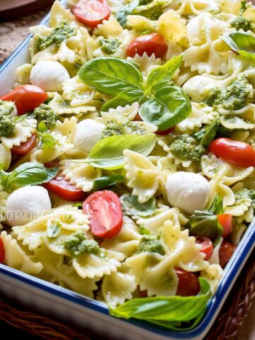 Pasta Caprese on a serving dish.