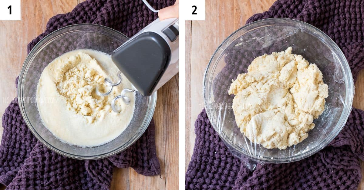 Mixing semolina flour with water and letting rest.