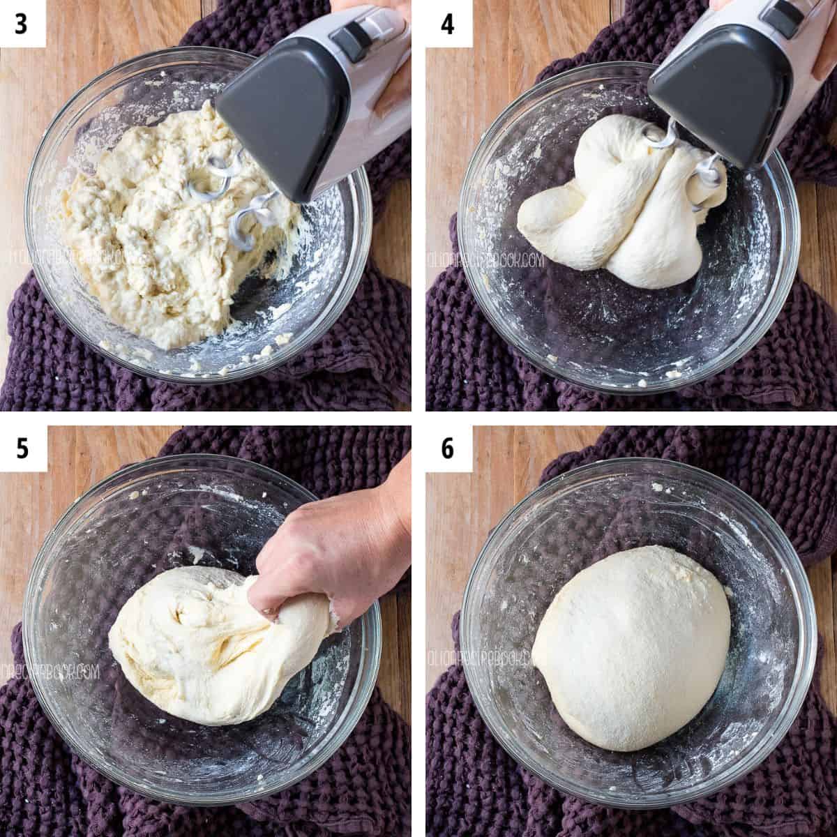 Kneading the dough with dough mixer then shaping into a smooth ball.