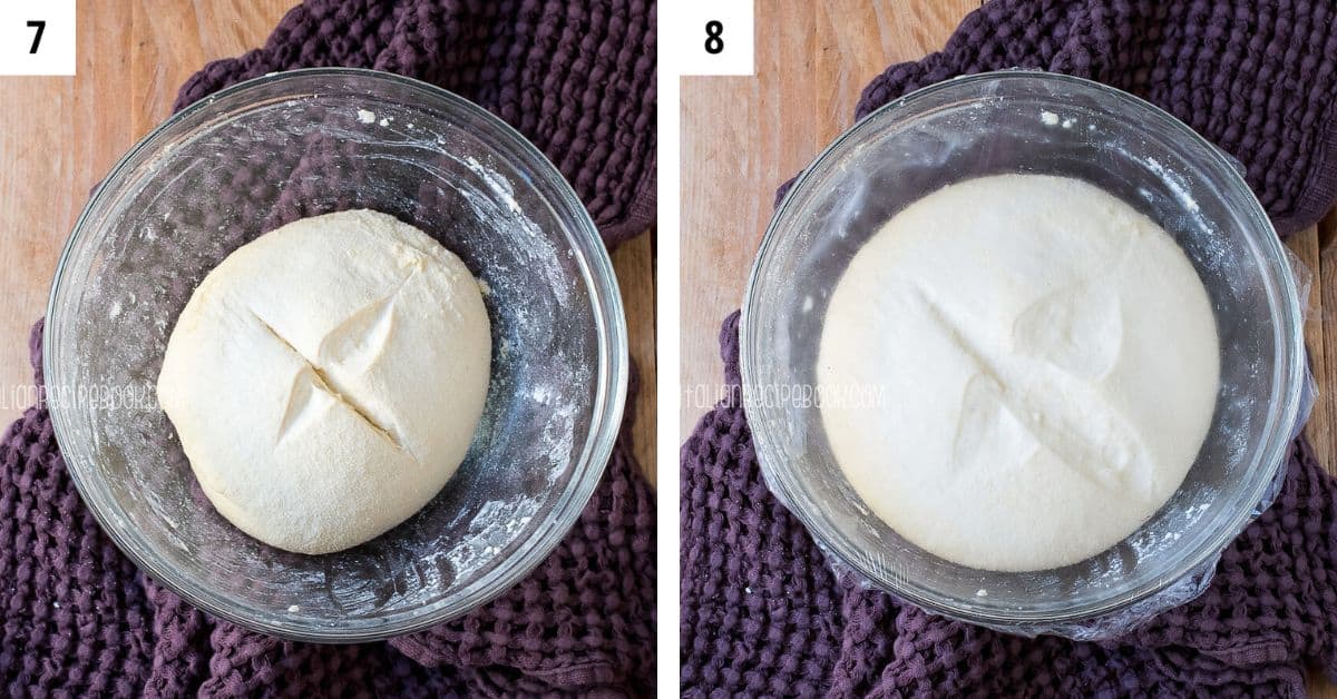 Bread dough before and after leavening.