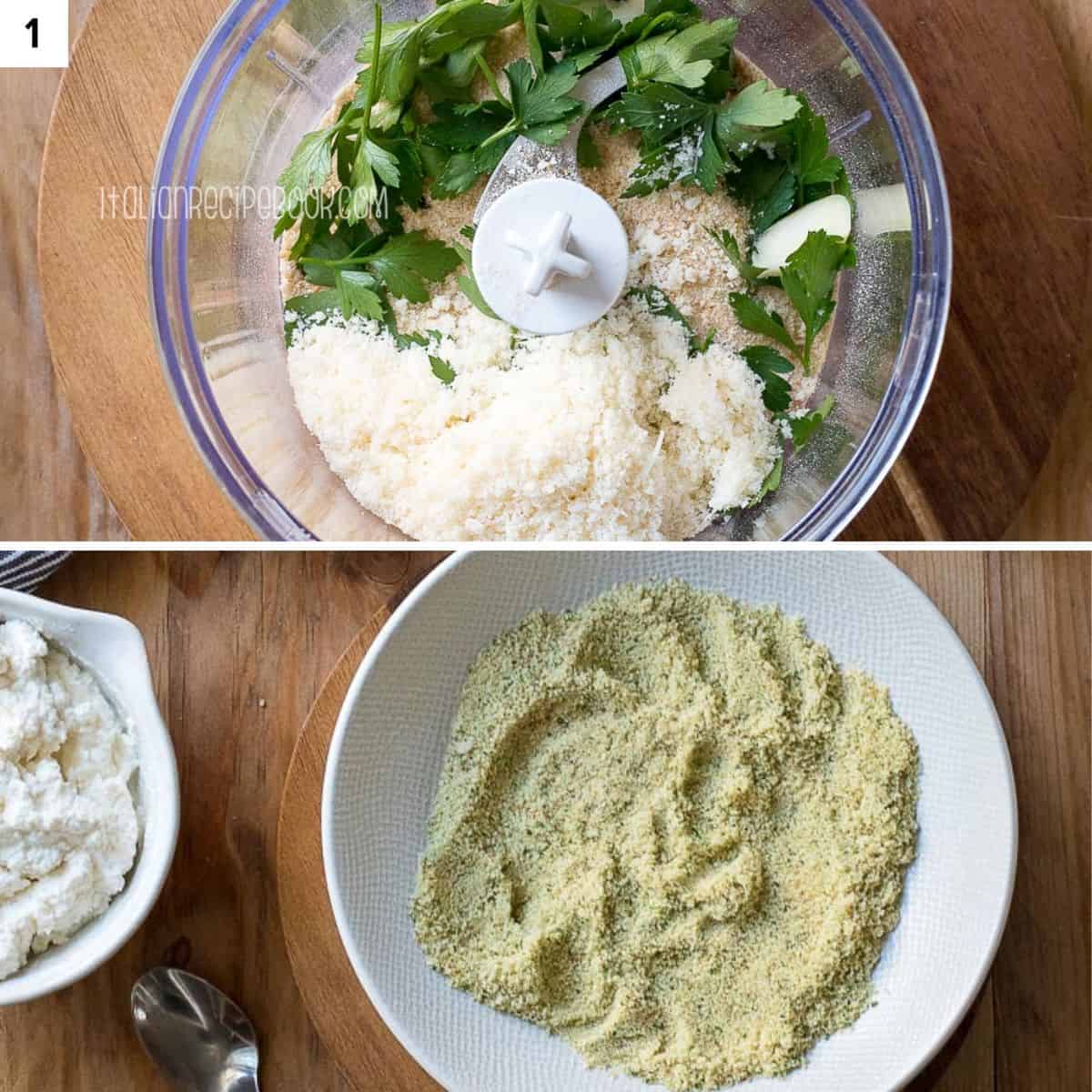 Making seasoned breadcrumbs in a food processor.