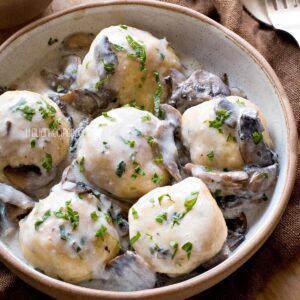 Ricotta balls in creamy mushroom sauce.