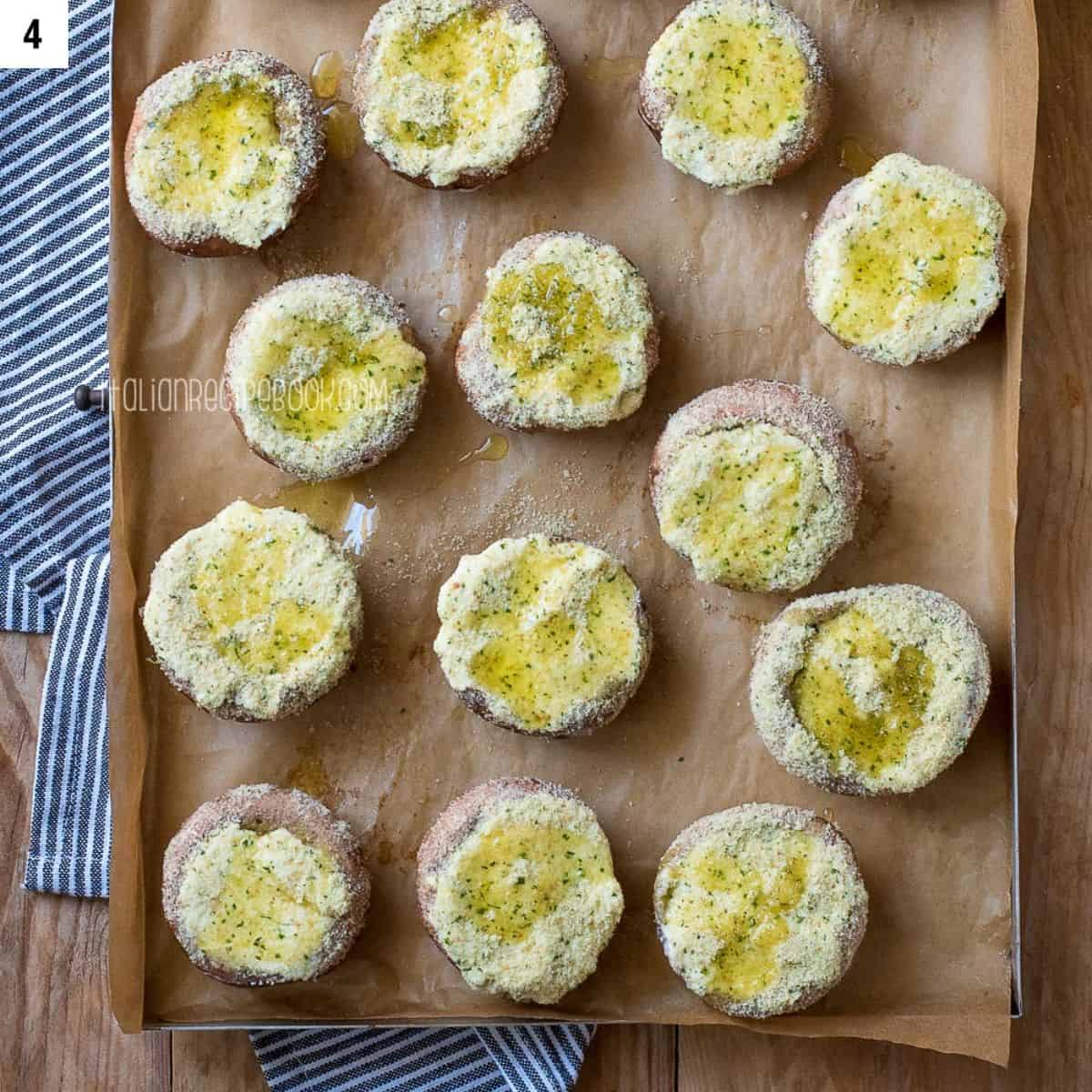 Stuffed mushrooms on a baking sheet.