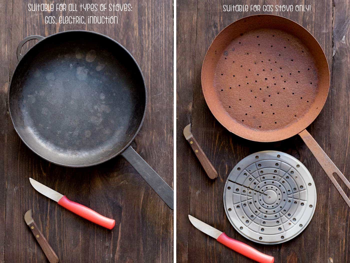 Cast Iron skillet, chesnut pan, flame diffuser, chestnuts knife, small knife laid on a wooden surface. 