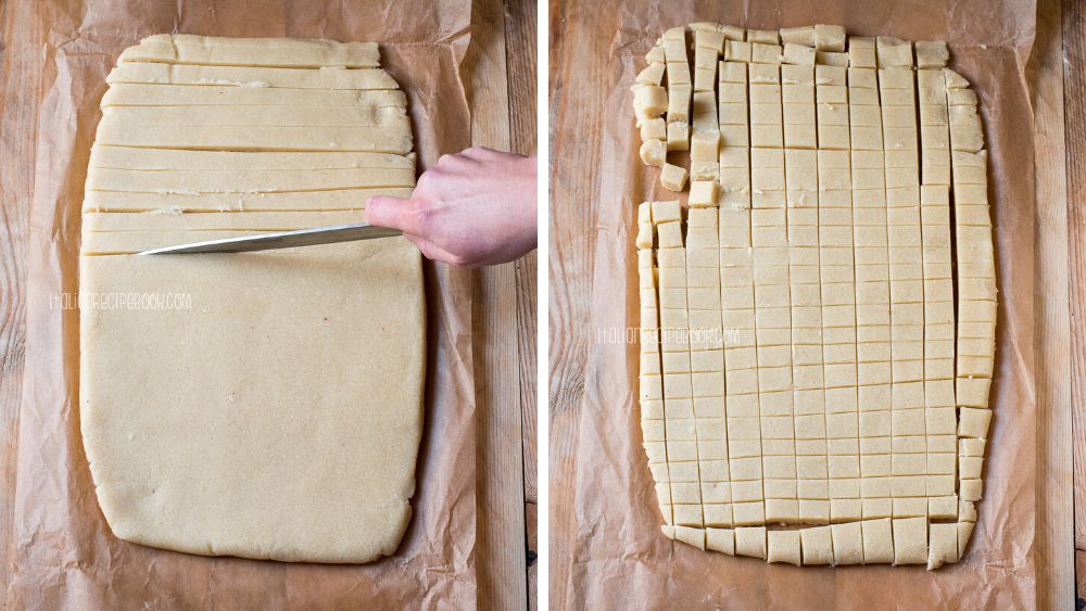 cutting the dough into squares