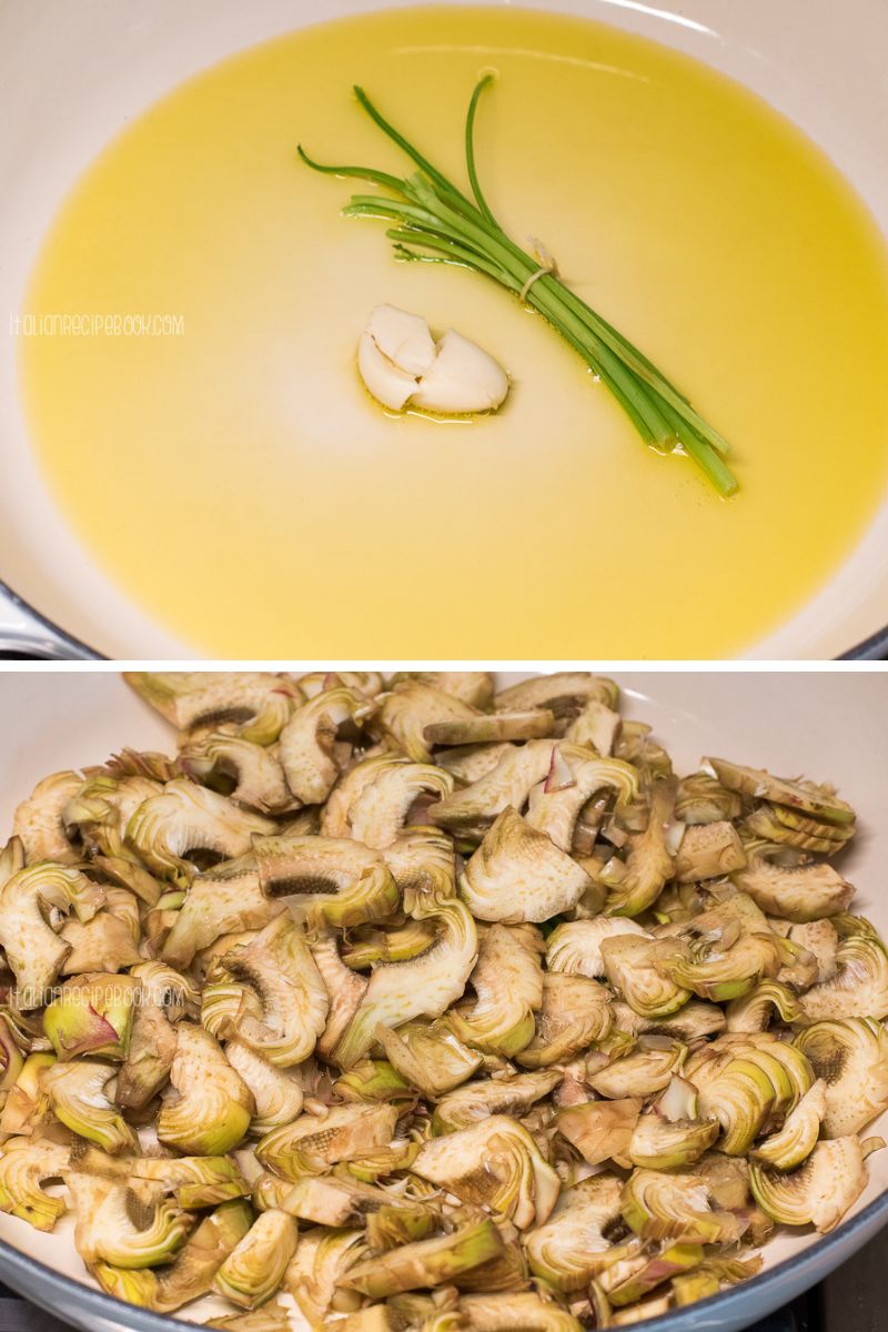 Adding oil, garlic, parsley stems and artichokes in a pan.