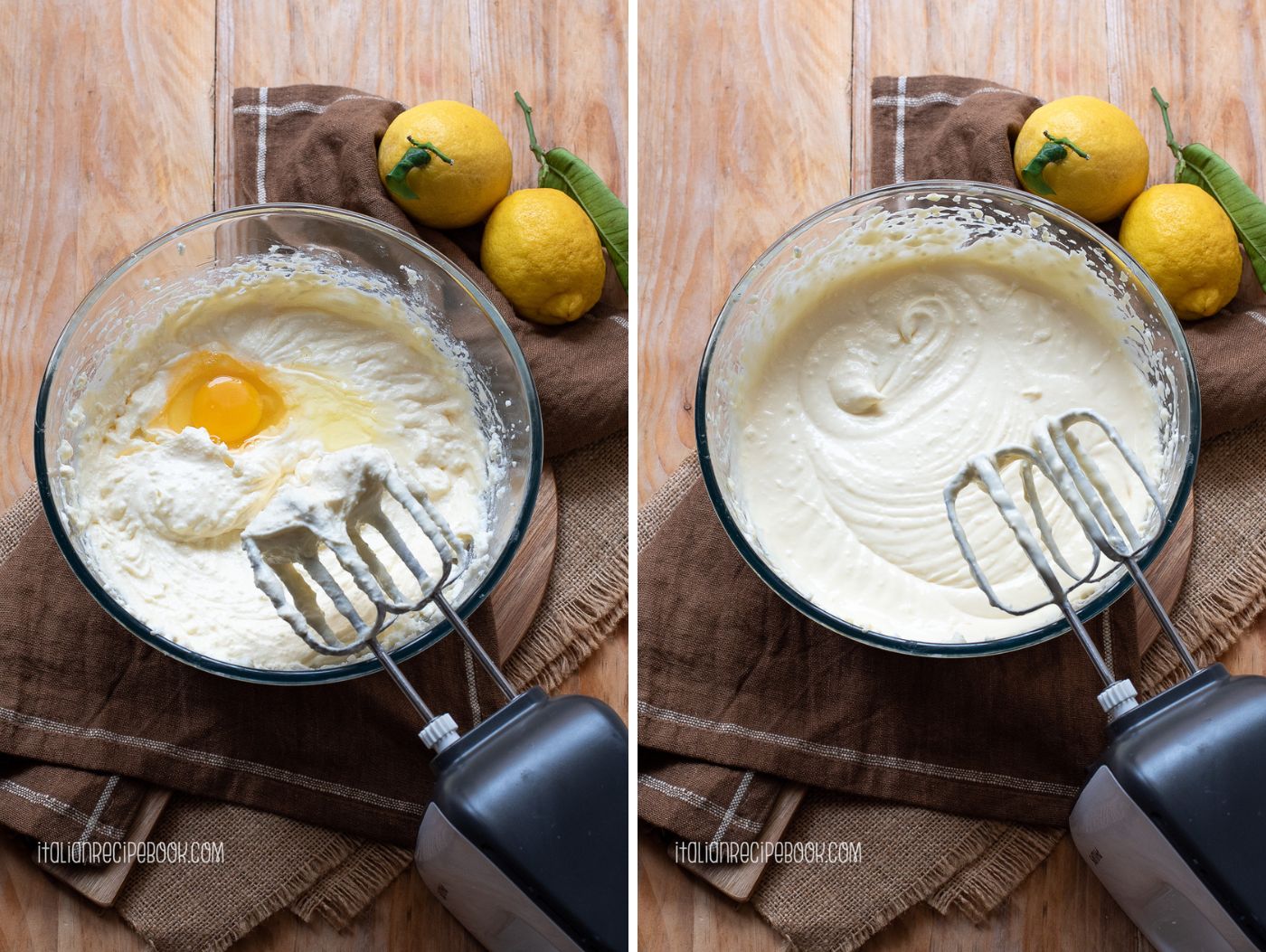 adding eggs to ricotta and mascarpone mix