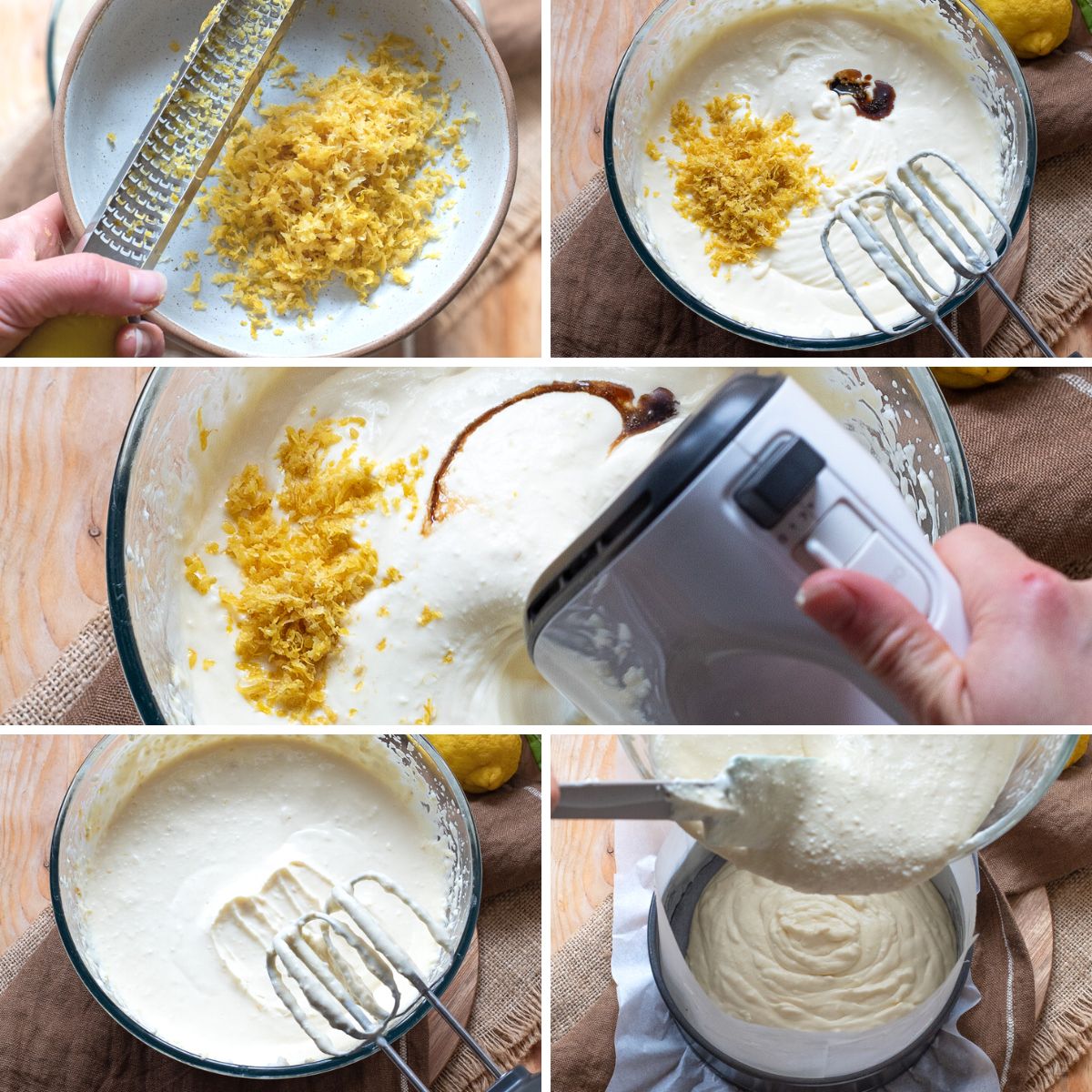 adding lemon and vanilla flavor to lemon ricotta cheesecake batter