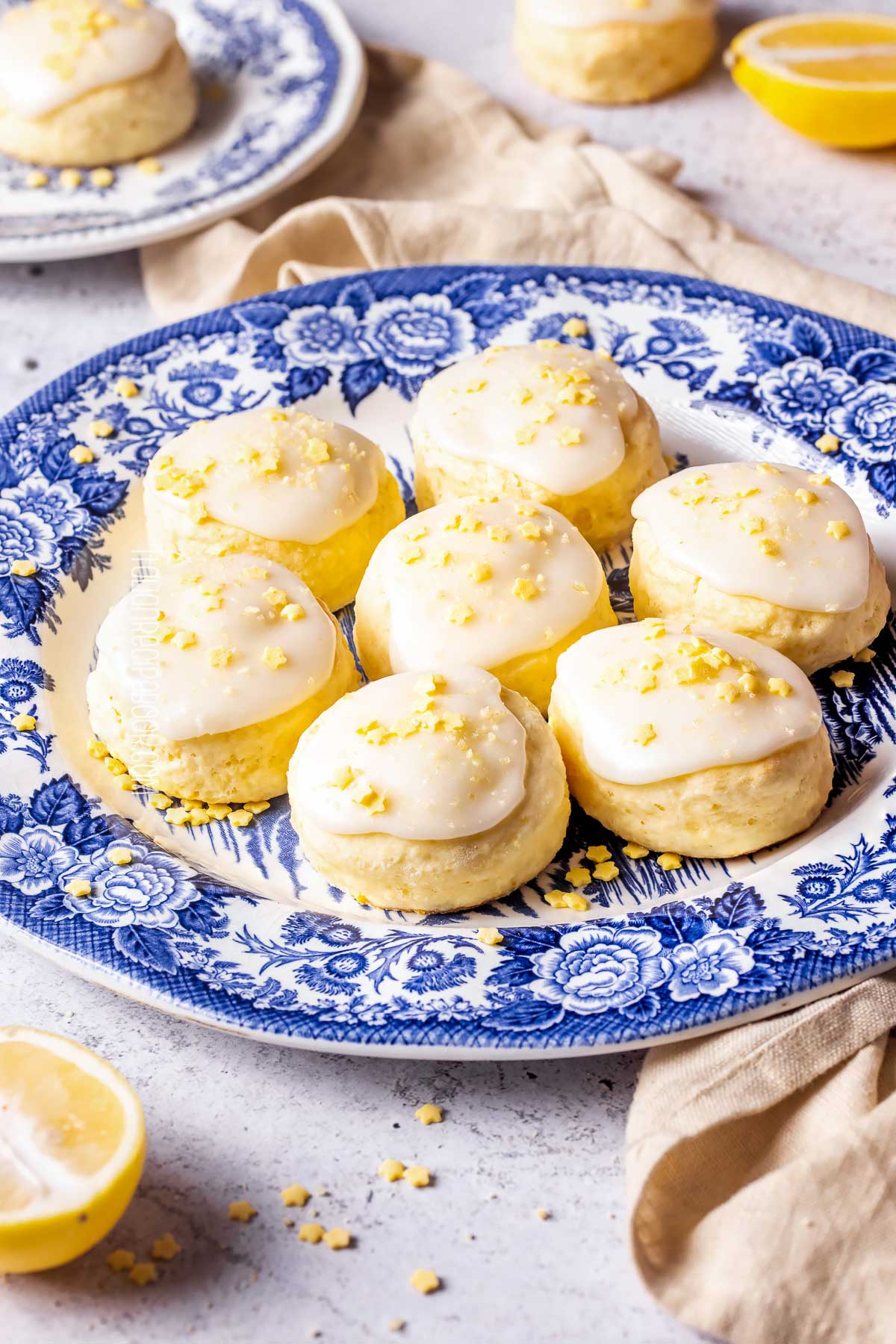 lemon ricotta cookies on a blue serving plate