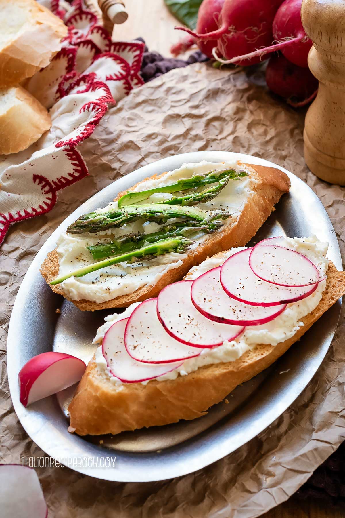 whipped ricotta crostini with radishes and asparagus