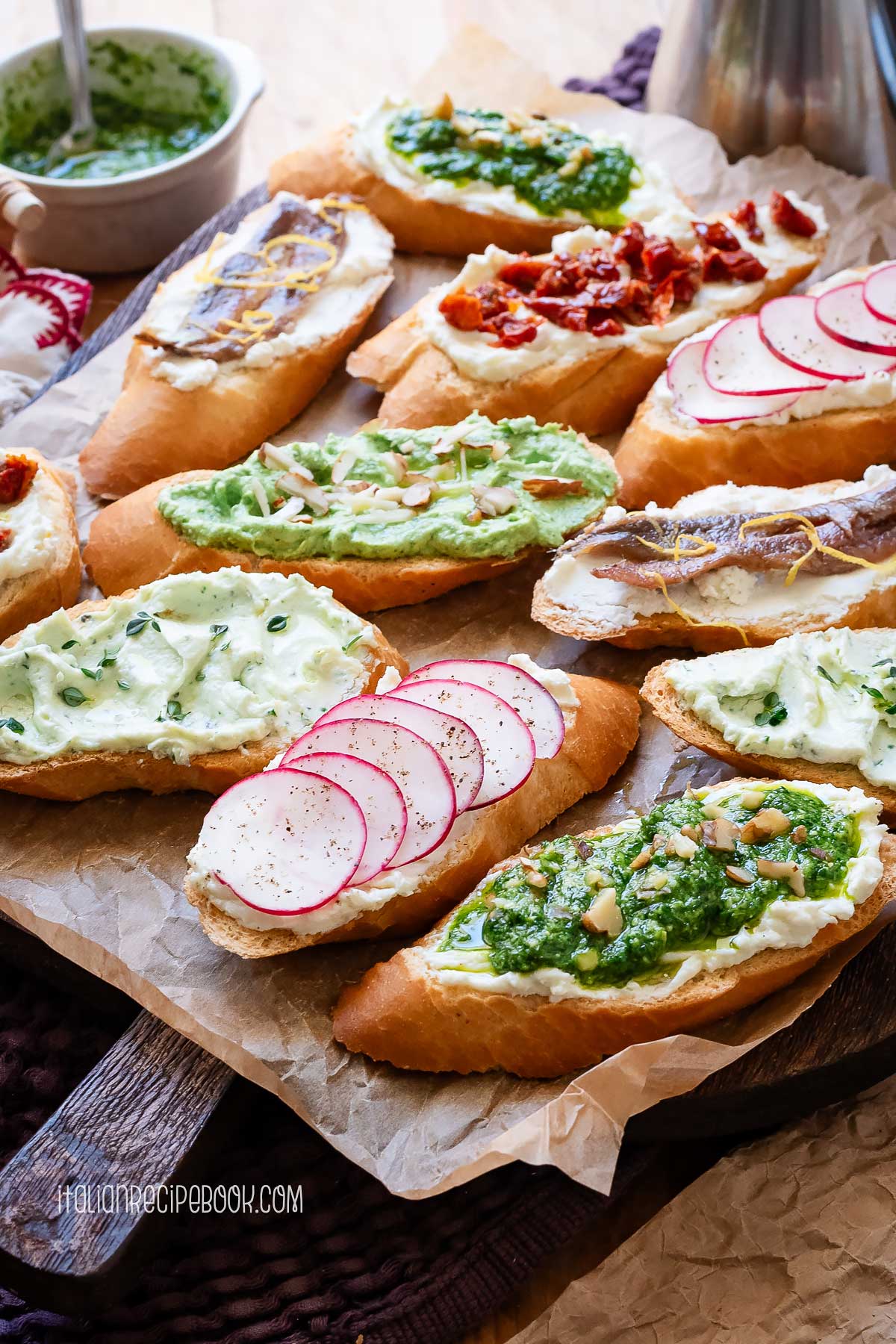 whipped ricotta crostini with assorted toppings