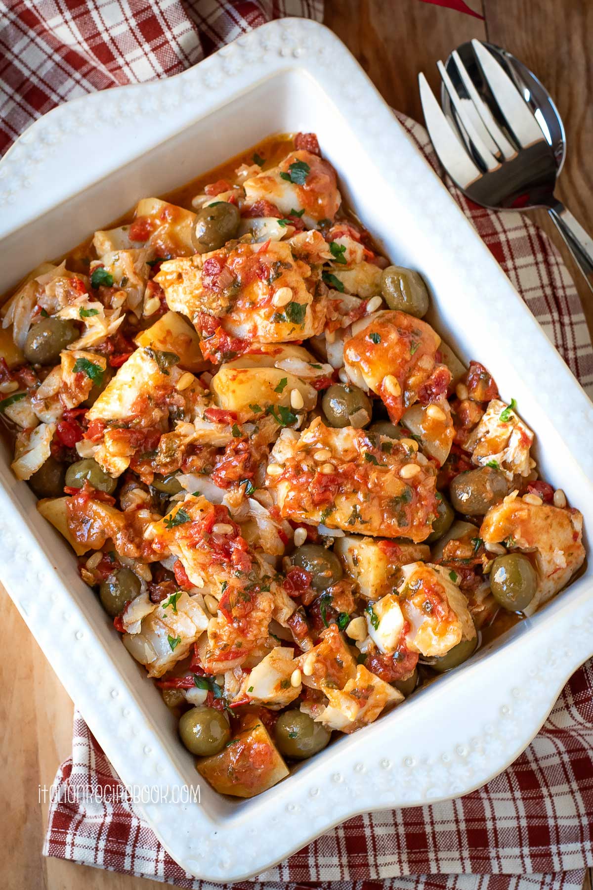 salt cod stew in a baking dish