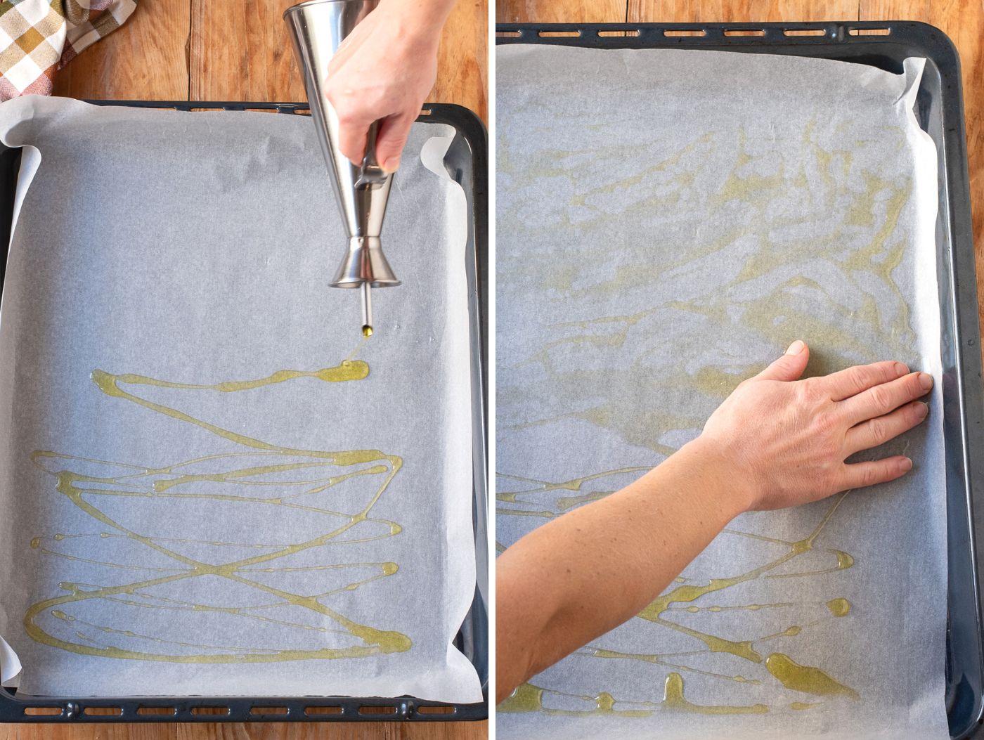 Greasing baking sheet with extra virgin olive oil.